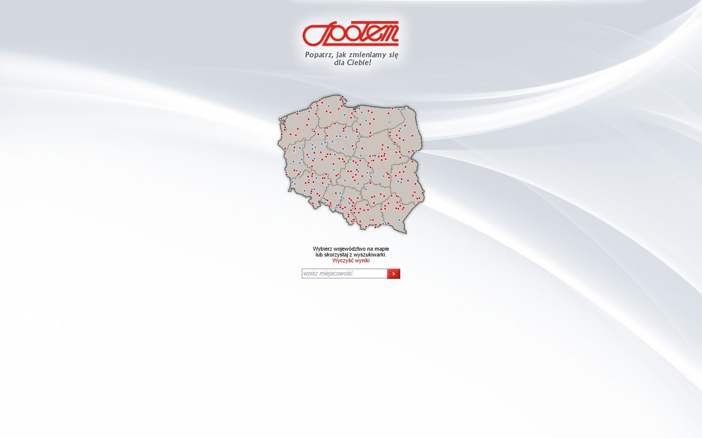 Obecna strona Sieci Społem z mapą Polski i hasłem Popatrz, jak zmieniamy się dla Ciebie