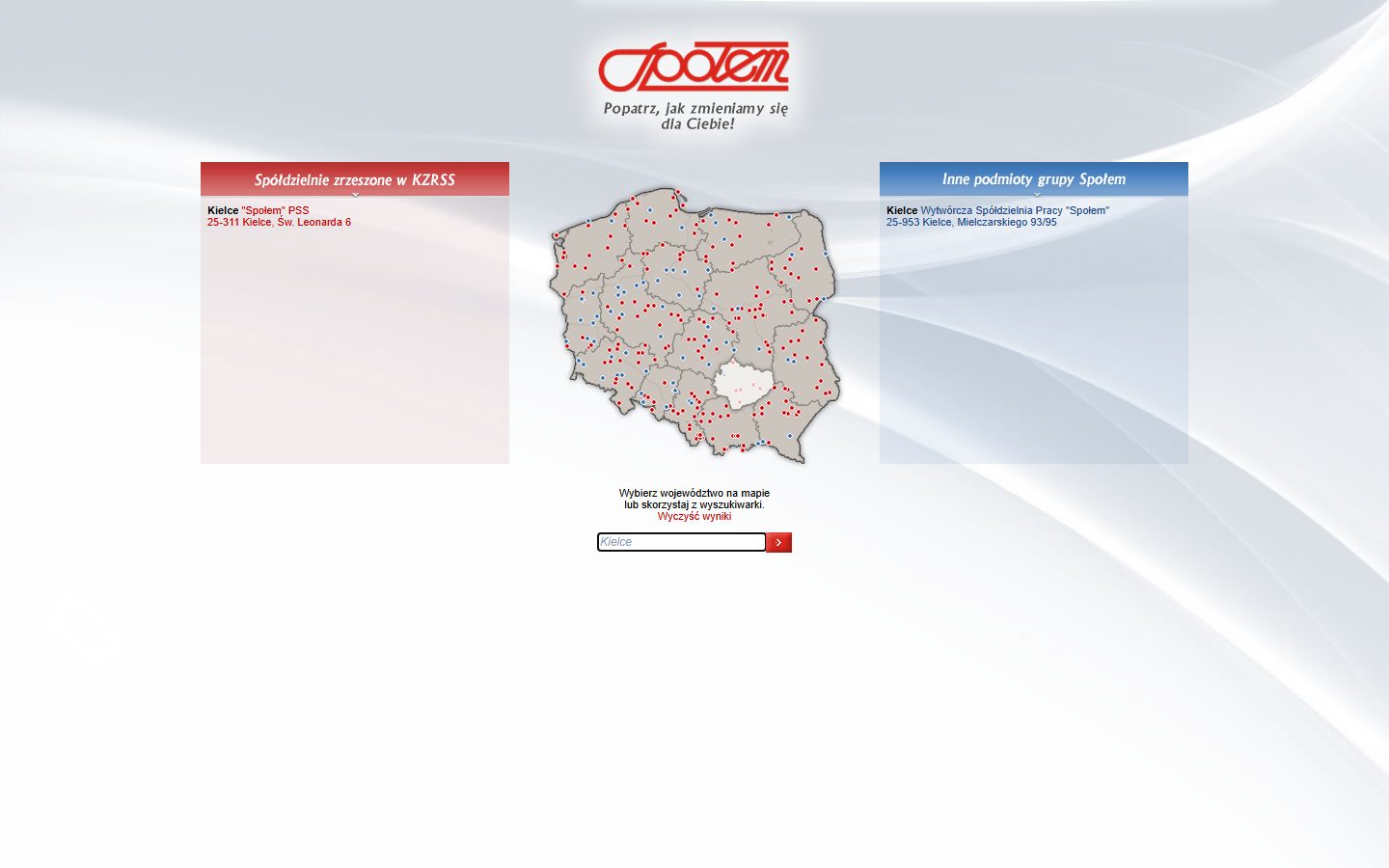 Wyniki wyszukiwania Kielce na stronie Sieci Społem – adresy siedzib spółdzielni