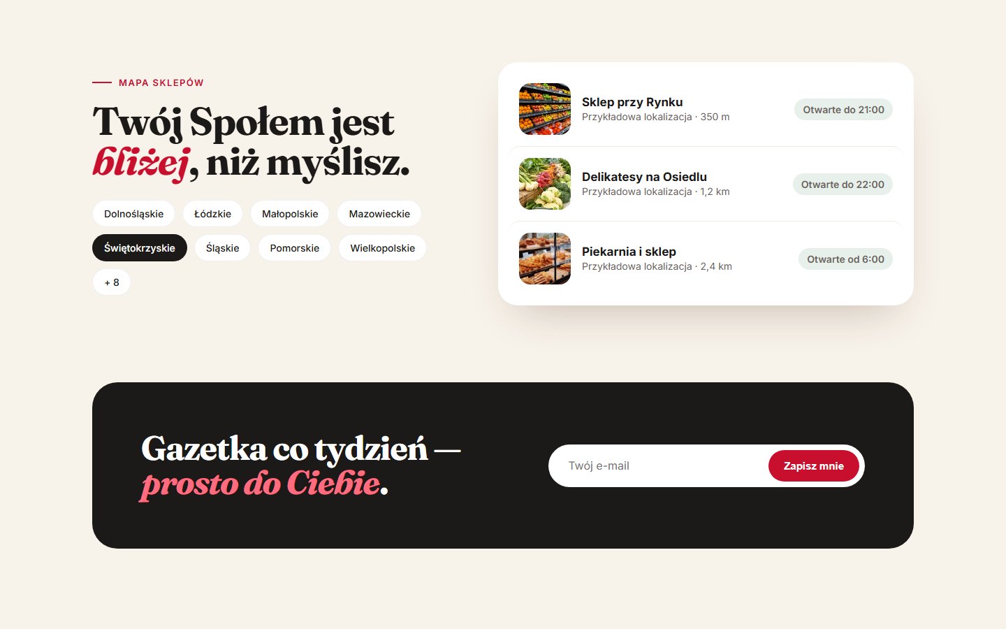 Koncept wyszukiwarki sklepów Społem z godzinami otwarcia
